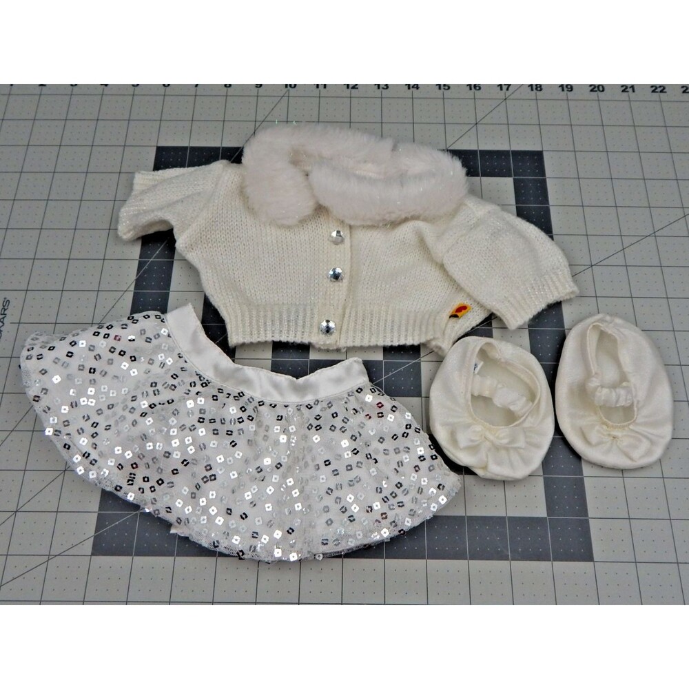 Build A Bear White Sweater Faux Fur Collar White Sequin Skirt Satin Slippers